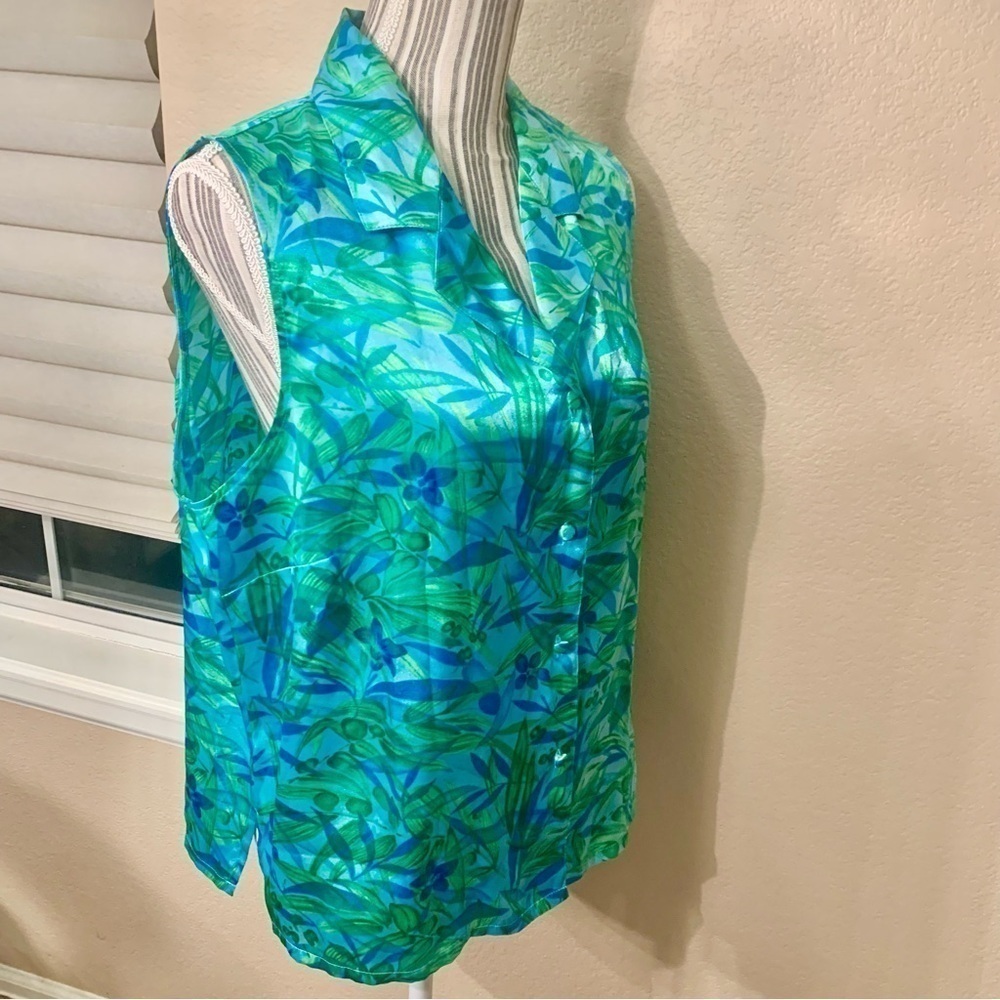 Morgan Taylor Intimates Top Sleep Top Large Sleeveless Teal Green Satin Tropical - Picture 5 of 12